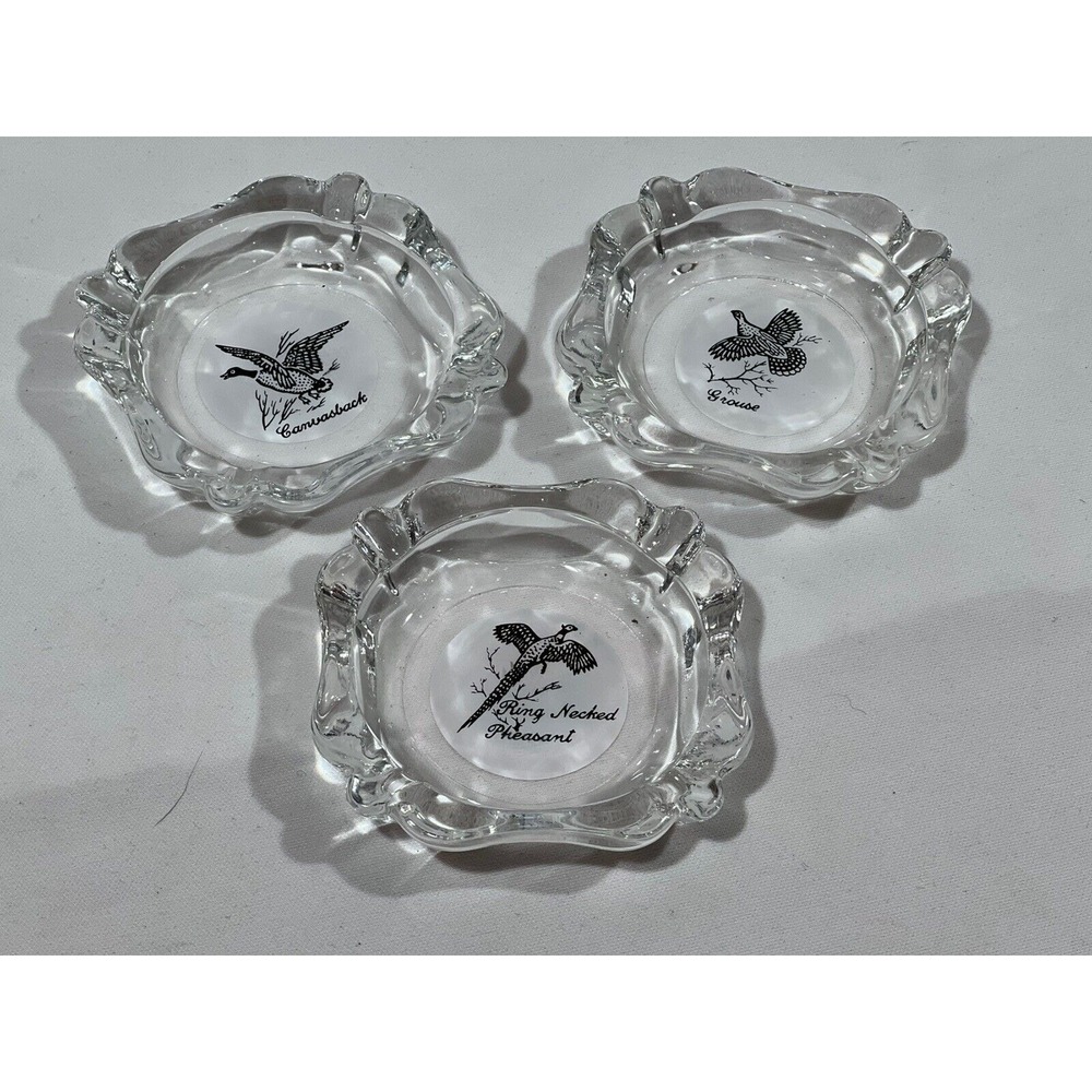 Game Bird Ashtray Set Lot Of 3 Glass‎ Grouse Pheasant Hunting Decor